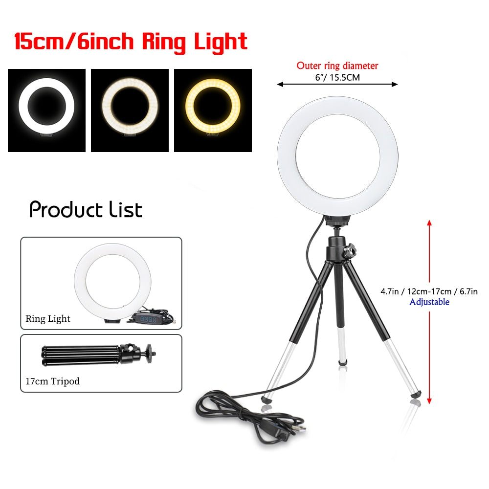 SH 16cm 6 inch Circle Round Light With Tripod Stand Usb Charge Selfie Led Lamp Dimmable Photography Light For Photo Photography Studio