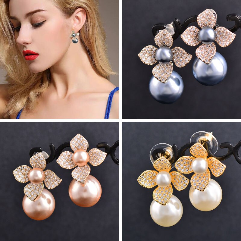 SINLEERY Vintage Double Pearl Crystal Flower Stud Earrings Gray Champagne Pearl Earring Bridal Wedding Party Jewelry ZD1 SSF