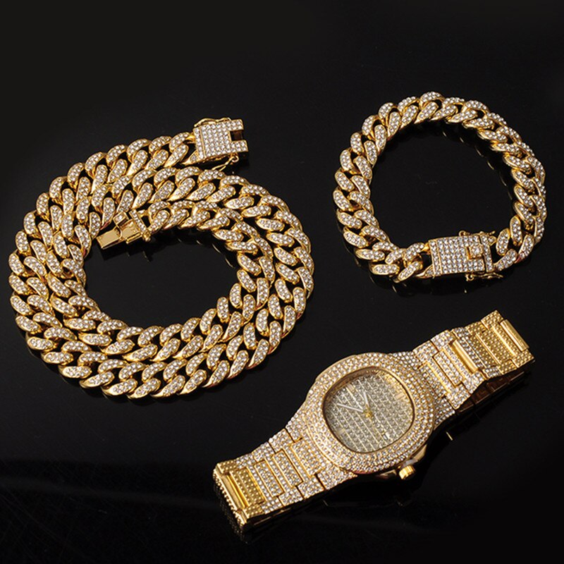 Hip Hop 15MM Necklace +Watch+Bracelet Bling Iced Out Miami Zircon Cuban Pave Rhinestone Men Bracelet Necklace For Men Jewelry