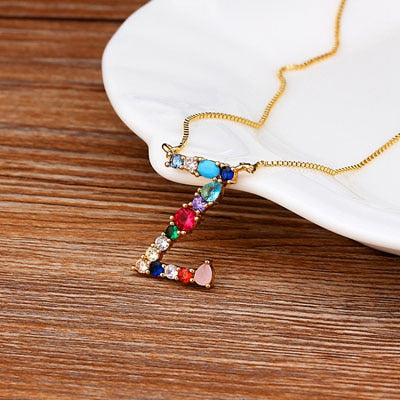 AIBEF Rainbow Initial Copper CZ Necklace Statement 26 Letter Pendants Women Accessories Gold Color Chain Name Necklace Jewelry