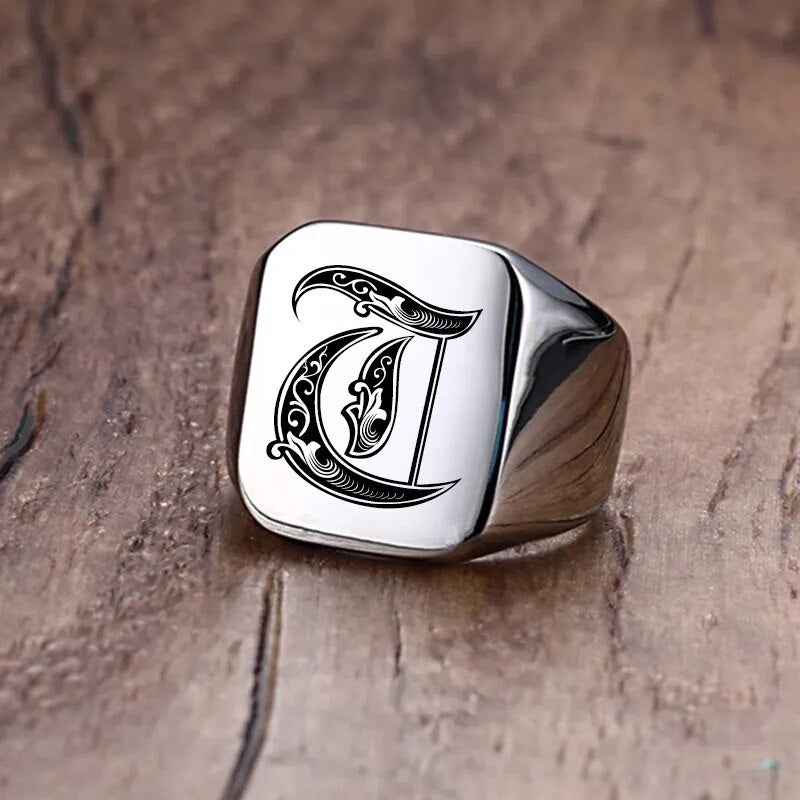 Vnox Retro Initials Signet Ring for Men 18mm Bulky Heavy Stamp Male Band Stainless Steel Letters Custom Jewelry Gift for Him