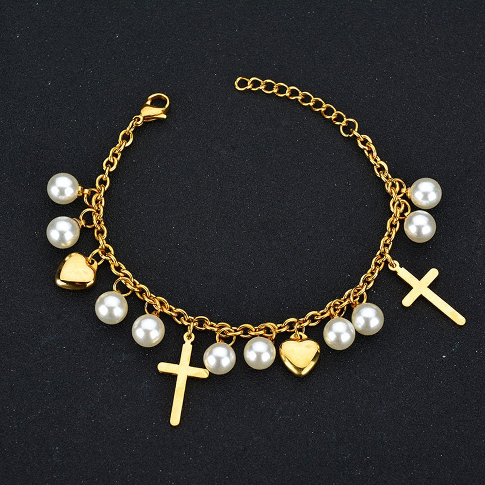 Women New Cross Pearl Heart Charms Bracelet Bohemia Gold Color Stainless Steel Link Chain Bracelets Fashion Christian Jewelry