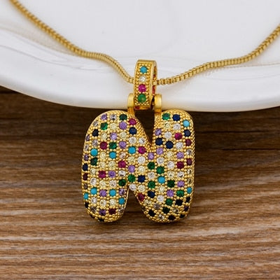 Nidin Luxury A-Z 26 Letters Zircon Pendant for Women Cute Rainbow Initials Name Necklace Fashion Party Wedding Birthday Jewelry