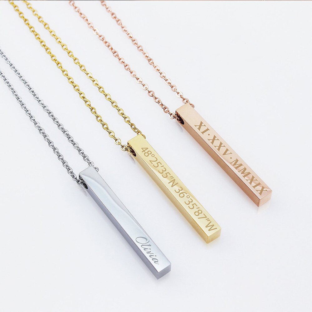 Personalized 3D Bar Necklaces For Women Custom Name Pendant Necklace Stainless Steel Engraving Men Jewelry Family Gifts