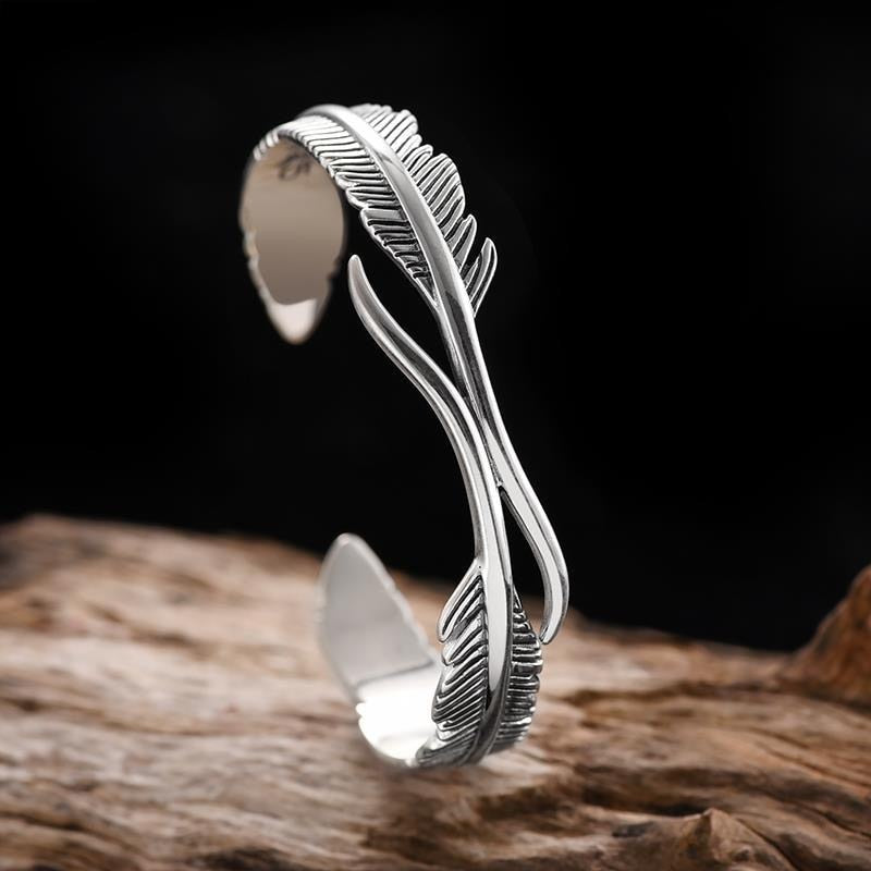 Silver Color Feather Cuff Bracelet for Men Women Vintage Adjustable Bracelet Bangle Fashion Jewelry