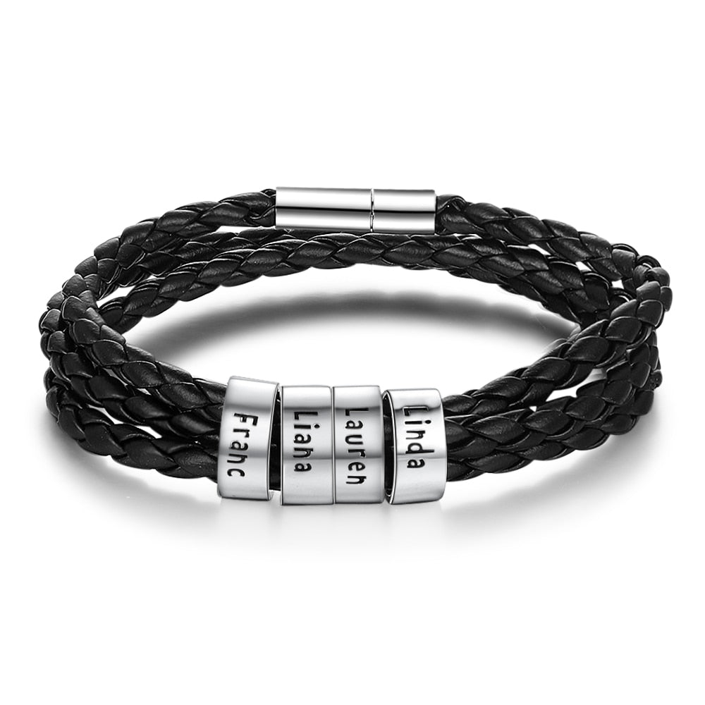 JewelOra Personalized Family Names Men Bracelet with Custom Beads Black Multilayer Leather Charm Bracelets for Men Accessories