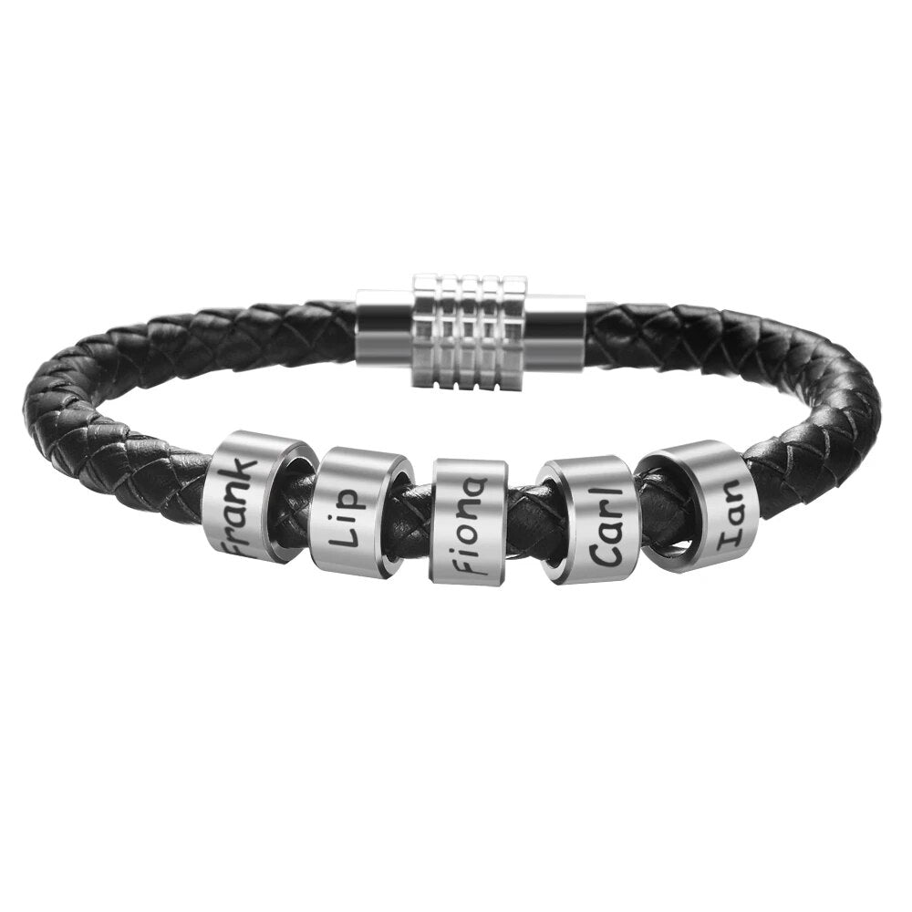 Customized Name Bracelet Stainless Steel Beads Genuine Leather Bangle Personalized Name Accessories Men Bracelets