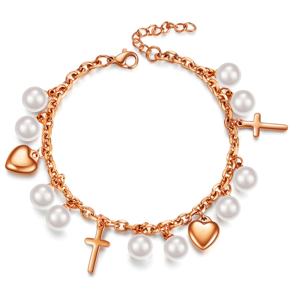 Women New Cross Pearl Heart Charms Bracelet Bohemia Gold Color Stainless Steel Link Chain Bracelets Fashion Christian Jewelry