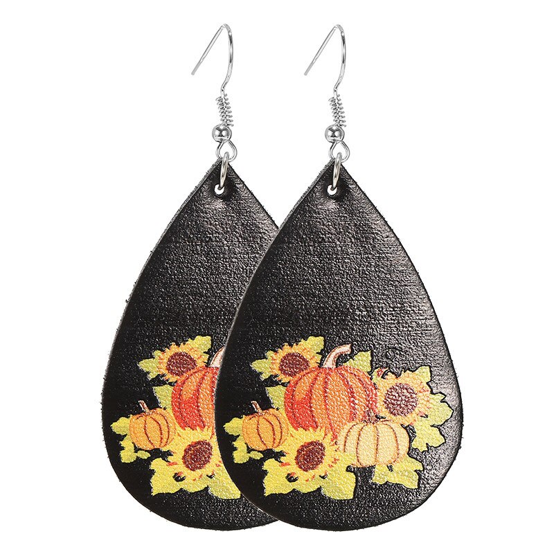 Pumpkin Maple Thanksgiving Leather Earrings Women Vintage Unique Floral Checked Print Leather Teardrop Dangle Earrings Gifts