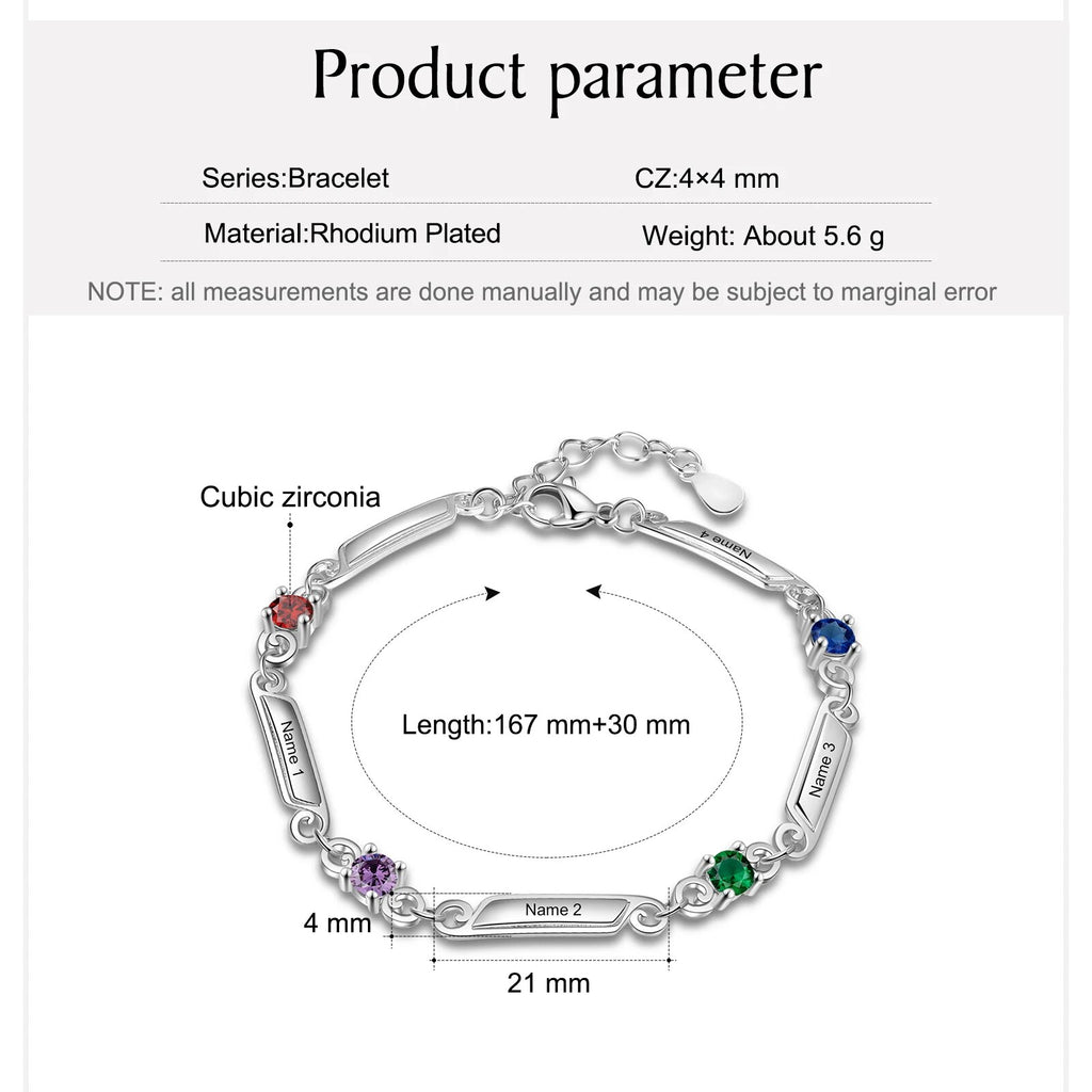 Elegant Personalized Bracelets with 4 Birthstones Customized Family Names Engraved Bracelets &amp; Bangles Trendy Jewelry Gift