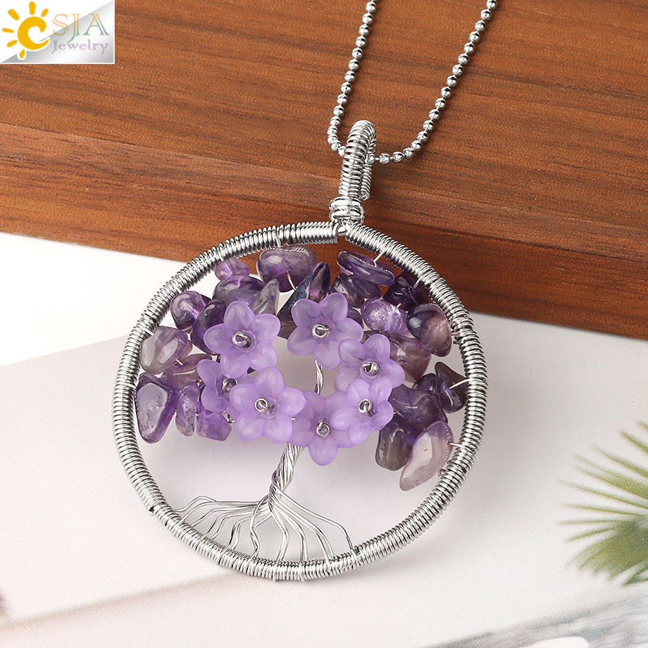 CSJA's Silver-Colored Tree of Life Pendant Necklace with Natural Stone - Wire-Wrapped Quartz Crystal Chip Bead Flower - Reiki Jewelry for Women - Model G306