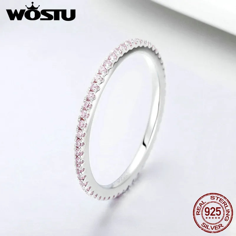 WOSTU Real 925 Sterling Silver Glitter Pink CZ Stackable Circle Finger Rings For Women Engagement Silver Jewelry CQR066