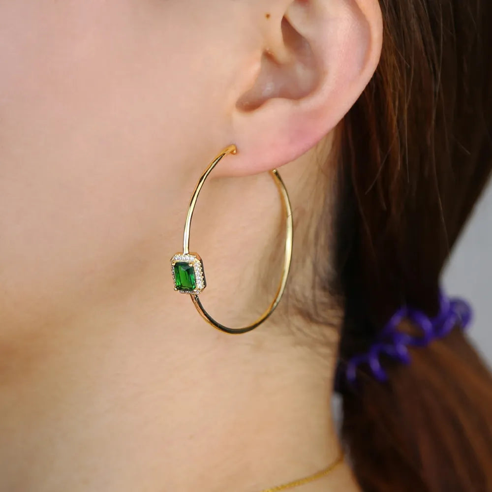 Gold color green rectangle cz hoop earring big round circle hoop trendy fashion women jewelry