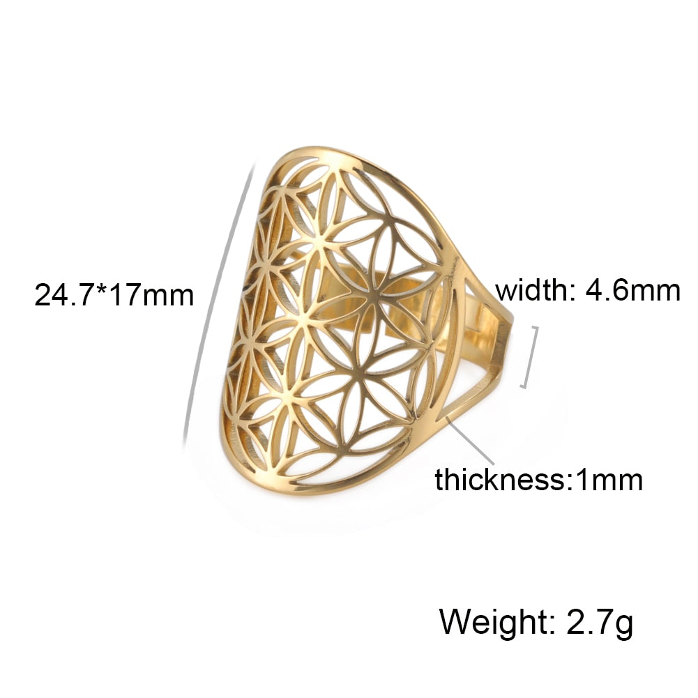 Skyrim Viking Flower of Life Ring Vintage Adjustable Stainless Steel Sacred Geometry Rings for Women Amulet Jewelry Wholesale