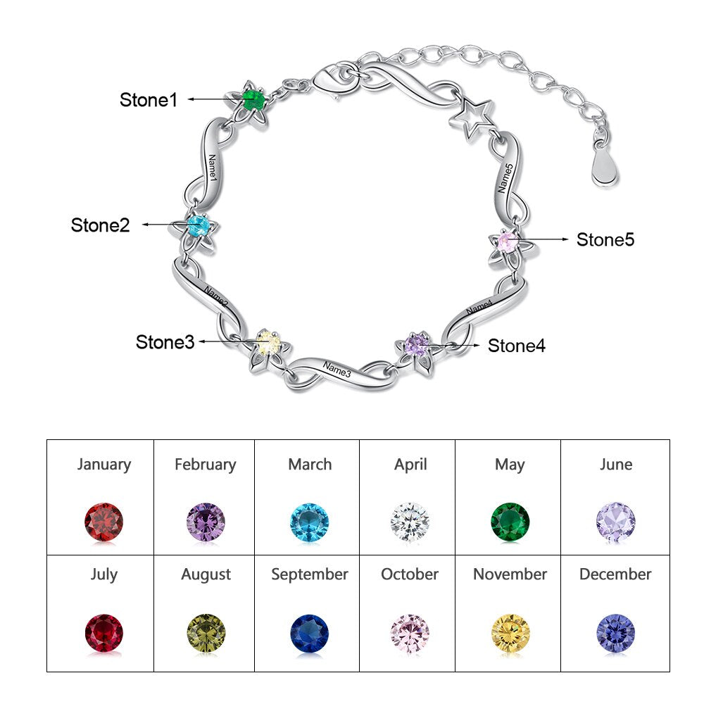 JewelOra Personalized Name Engraving Infinity Bracelet Customized 2-7 Inlaid Birthstone Flower Bracelets for Women Mothers Gifts