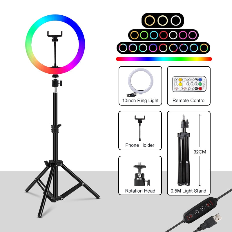 Dimmable Round Circle Light Selfie LED Round Lamps USB With Phone Holder 1.6M Tripod Stand For Tiktok Video Light Makeup Photography Set.