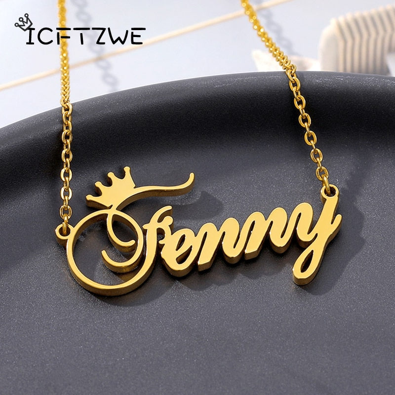 Custom Name Necklace For Women With Crown Personalized Stainless Steel Nameplate Choker Necklaces Birthday Wedding Jewelry Gift