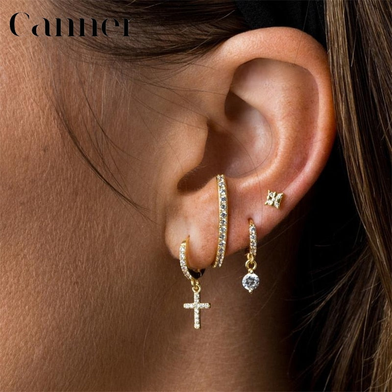 925 Sterling Silver Geometric Cross Zircon Hoop Earrings for Women Gold Silver color CZ Zircon Lighting Earrings Fashion Jewelry