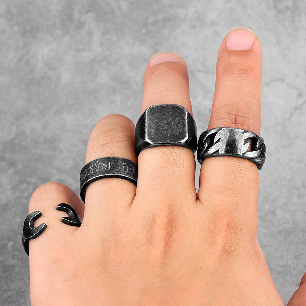 Retro Old Black Weave Cutout Stainless Steel Mens Rings Punk Hip Hop for Male Boyfriend Biker Jewelry Creativity Gift Wholesale