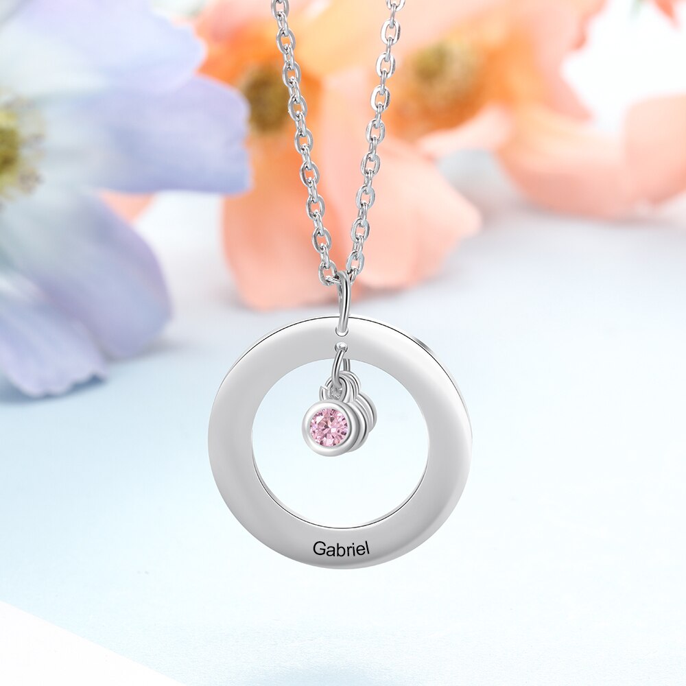 Personalized Stainless Steel Circle Necklace with 1-3 Birthstones Custom Name Engraved Round Pendant Necklace for Women /Mother