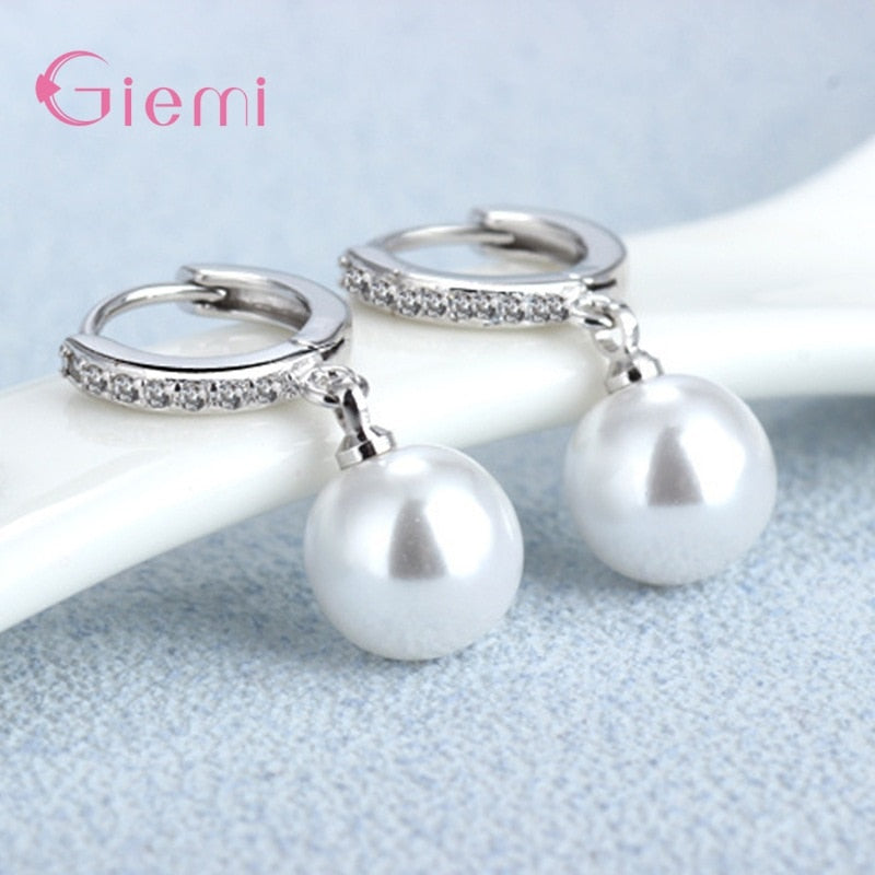 Trendy Elegant Created Big Simulated White Pearl 925 Sterling Silver Cubic Zircon Earrings For Women Girl Gift Jewelry