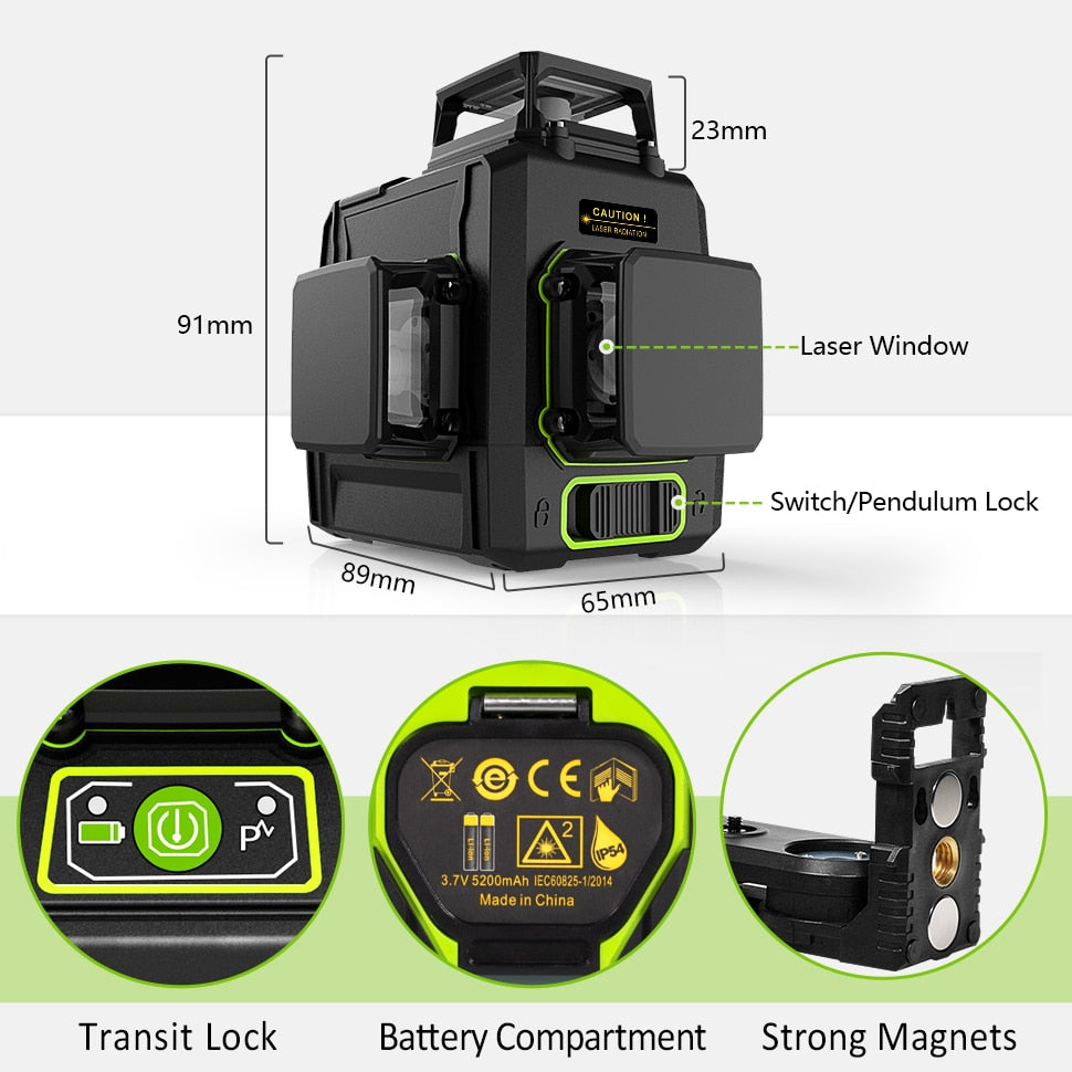 Clubiona CE Certificated 3D New ABS and PC Shell Shockproof Lines Laser Level with 5200 mah BATTERY Work Separately Laser Lines