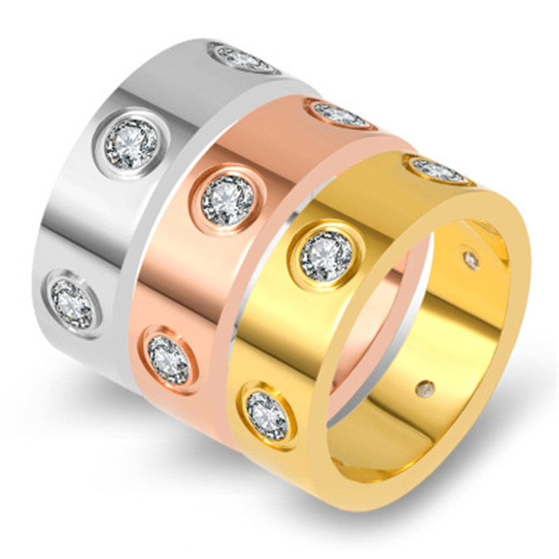 Trendy Stainless Steel Rose Gold Color Love Ring for Women Men Couple CZ Crystal Rings Luxury Brand Jewelry Wedding Gift KK050