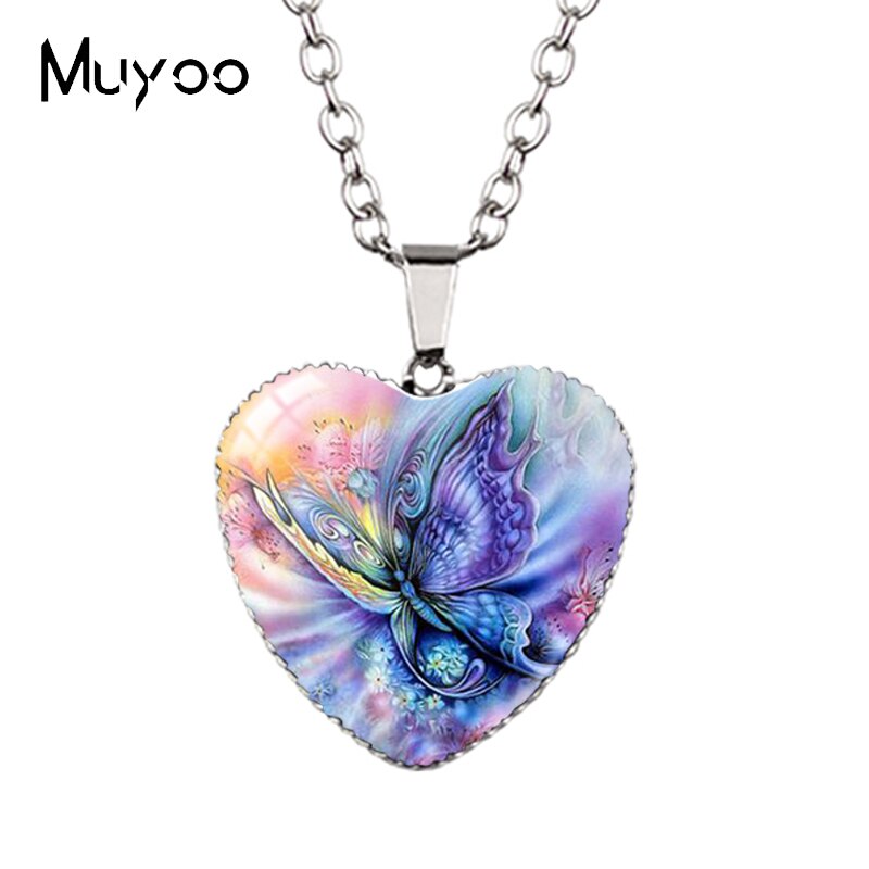 New Arrival Purple Blue Colorful Butterflies with Flower Heart Handcraft Jewelry Pendants Magical Butterfly Heart Necklace HZ3