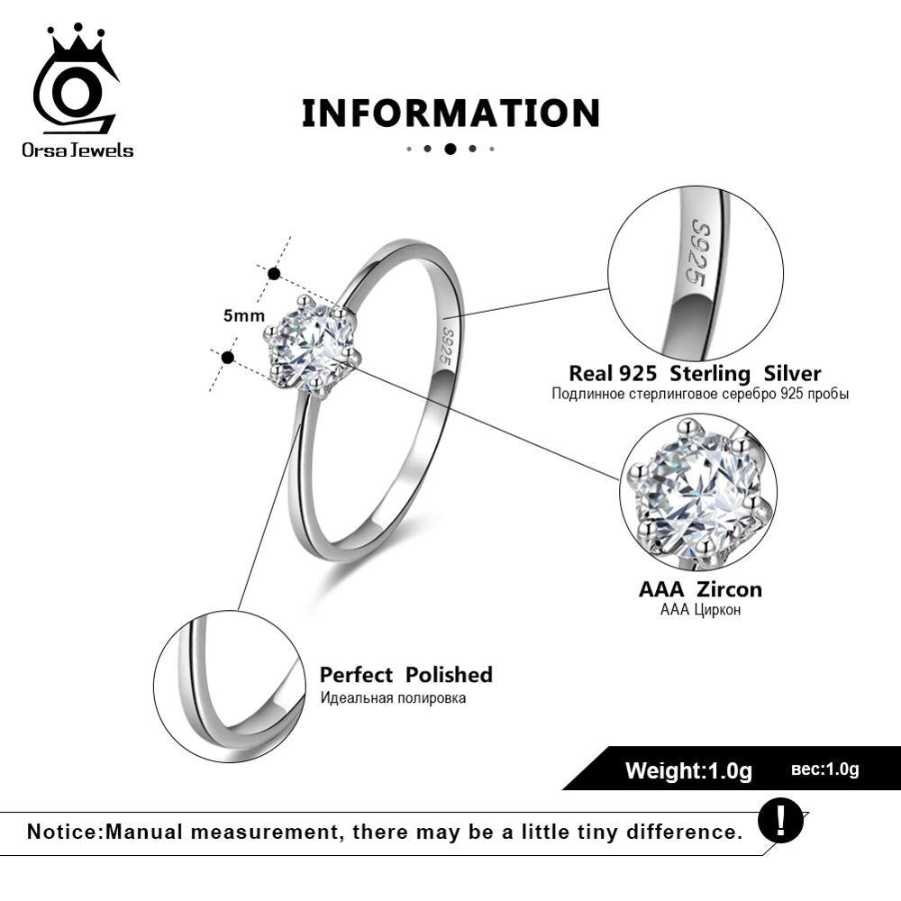 ORSA JEWELS Solid 925 Sterling Silver Women Wedding Solitaire Ring AAAA Round Cubic Zircon Fashion Finger Ring Jewelry SR116