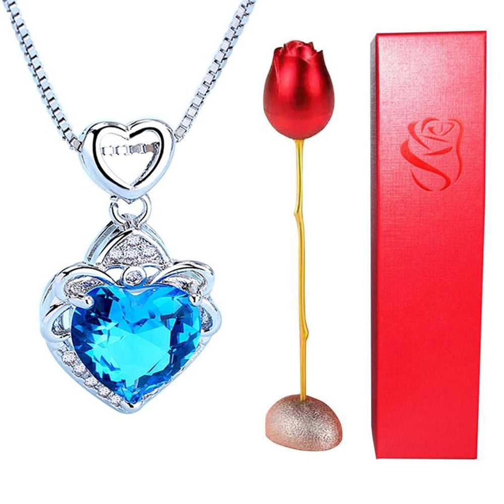 Rose Holder Eternal Love Necklace Set Romantic Rhombus Zircon Pendant With Immortal Valentines&#39; Day Gifts