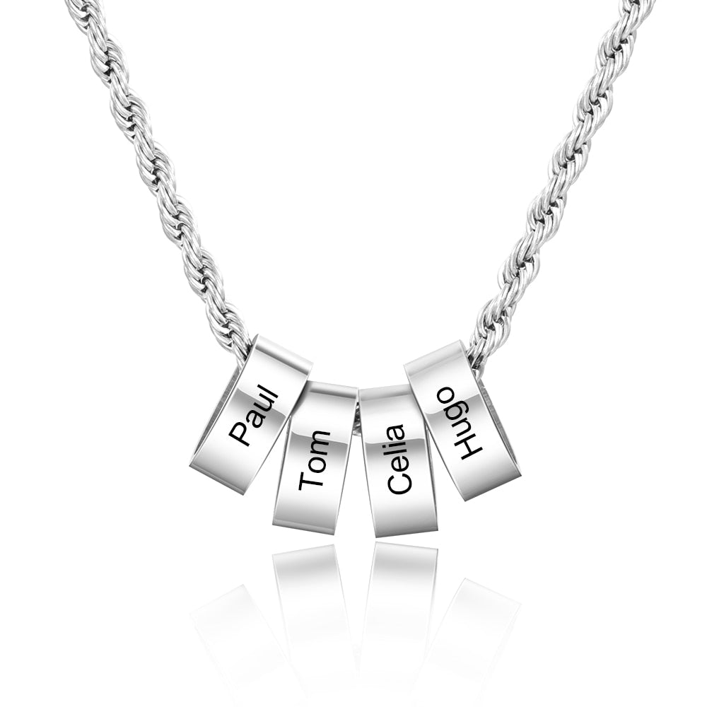 Men's Necklace Customized Stainless Steel Beads Charm Necklace Pendants Father's Day/Men Gift with Names Engraving.