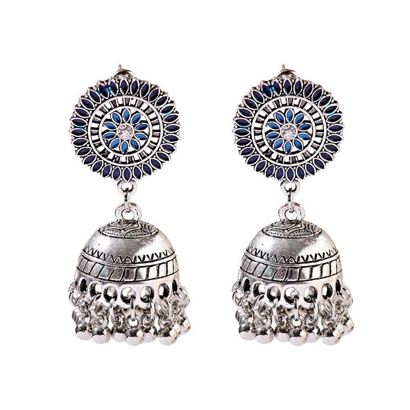 Ethnic Hollow Flower Turkish Jhumka Earrings For Women Vintage Indian Jewelry Silver Color Bell Tassel Dangling Earrings