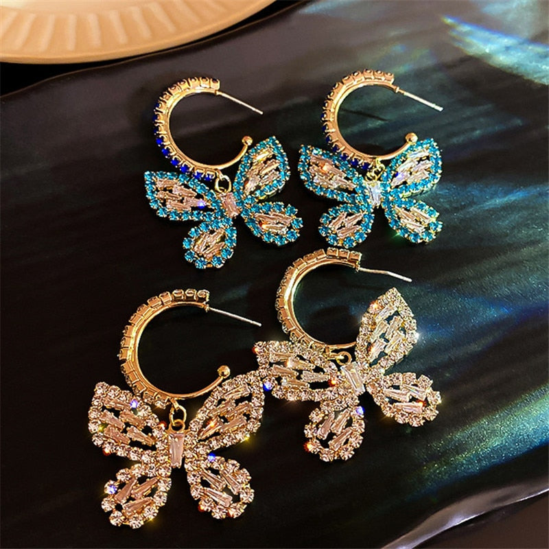 FYUAN New Style Golden Butterfly Zircon Crystal Dangle Earrings for Women Blue Rhinestone Weddings Party Jewelry Accessories