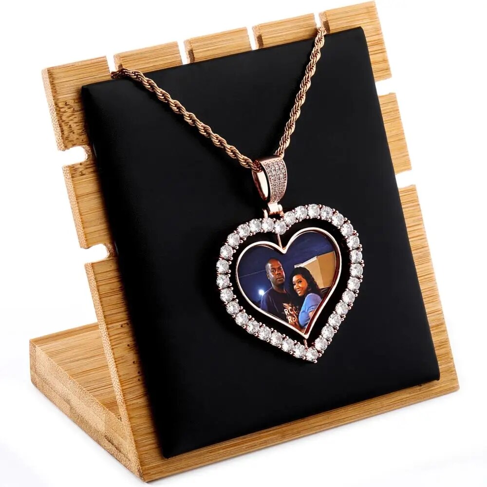 TOPGRILLZ Heart Shaped Custom Photo Spin Double Sided Medallion Pendant Necklace With 4mm Tennis Chain Zircon Hip Hop Jewelry