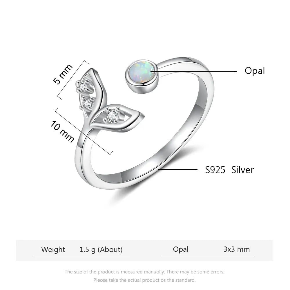 925 Sterling Silver Fish Tail Mermaid Open Finger Rings Cute Crystal Small Opal Stone Ring  Women Wedding Jewelry (Lam Hub Fong)