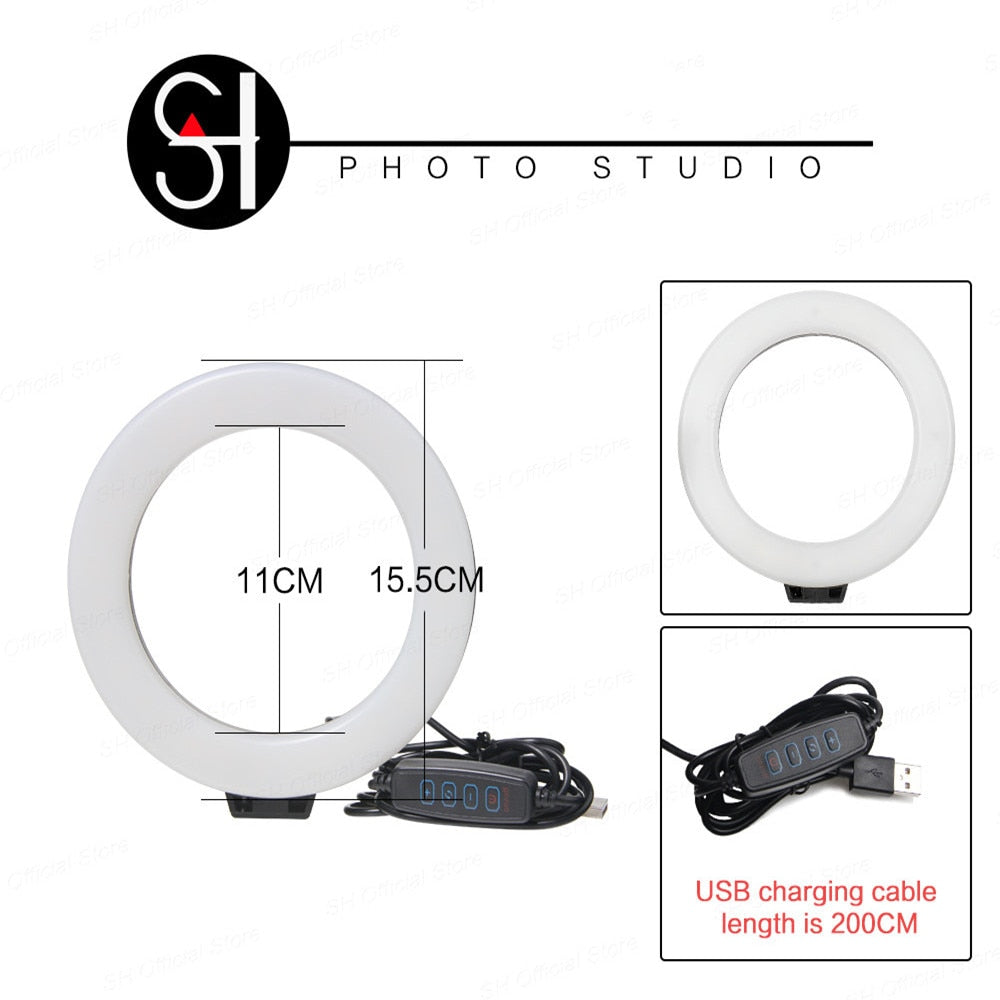 SH 16cm 6 inch Circle Round Light With Tripod Stand Usb Charge Selfie Led Lamp Dimmable Photography Light For Photo Photography Studio