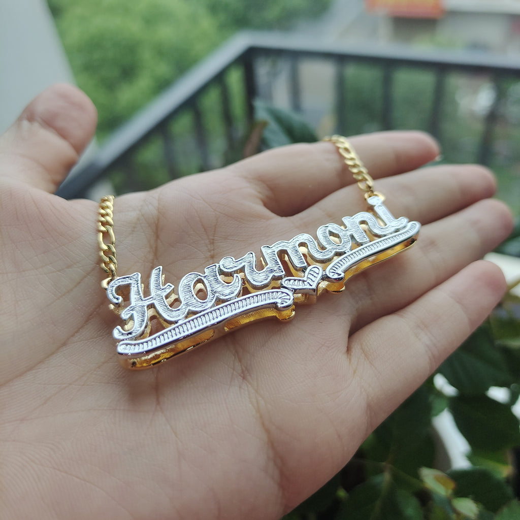 Custom Necklace Double Gold-plated Nameplate 3D Necklace Personalized Necklaces Choker Women Figaro Chain Name Necklace. Your lucky number or handwriting can also be made.