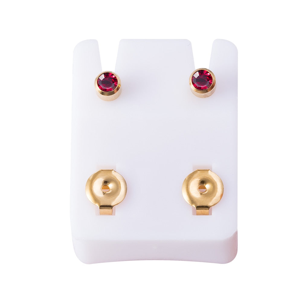 Birthstone CZ Ear Stud Earrings in Two Pieces with Gold Plated Steel or Stainless Steel Backs.