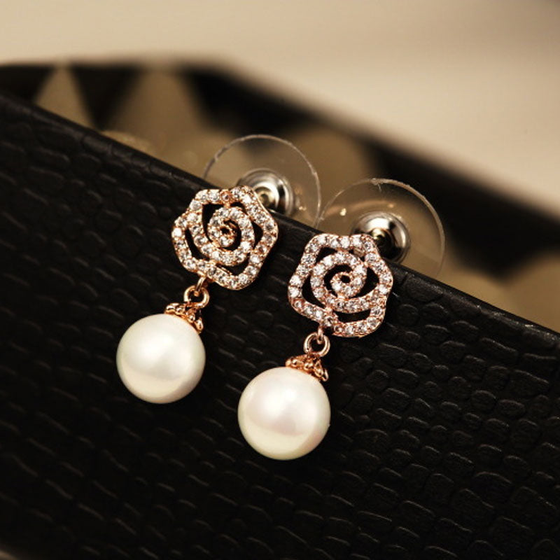 Elegant Women's Rose Quality Earrings With Full Crystal Flowers only or with Pearl.