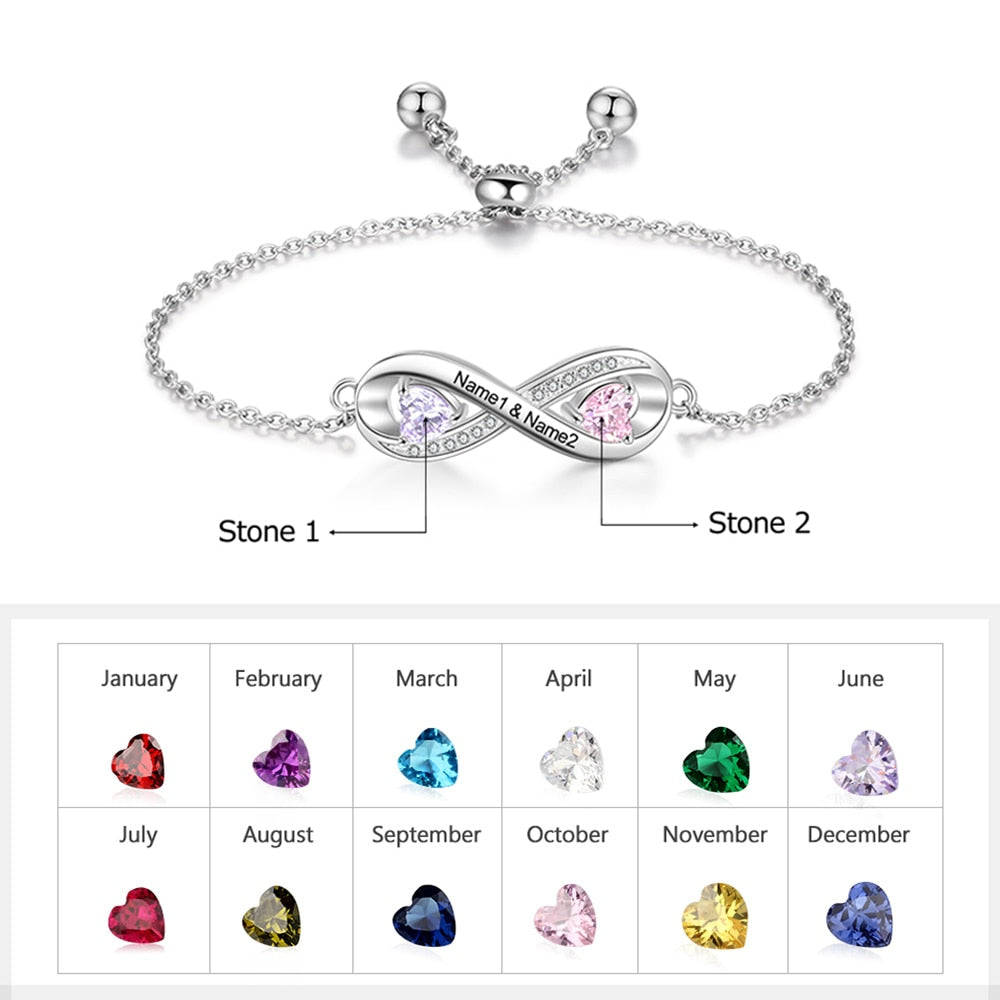 JewelOra Personalized Engraved Name Infinity Bracelet with 2 Birthstones Custom Zirconia Adjustable Chain Bracelets for Women