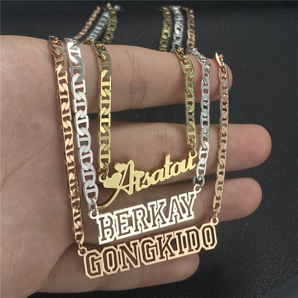 KristenCo Personalized Custom Name Necklace Pendant Gold Color Flat Chain Customized Nameplate Necklaces for Women/Men Gifts