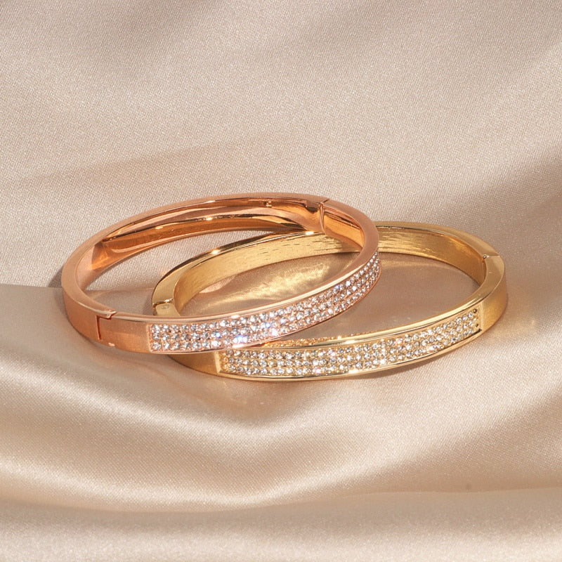 Elegant Classic Crystal Cuff Bangles Bracelets For Women Gold Color Simple Femal Opening Bangles Wedding Jewelry Accessories