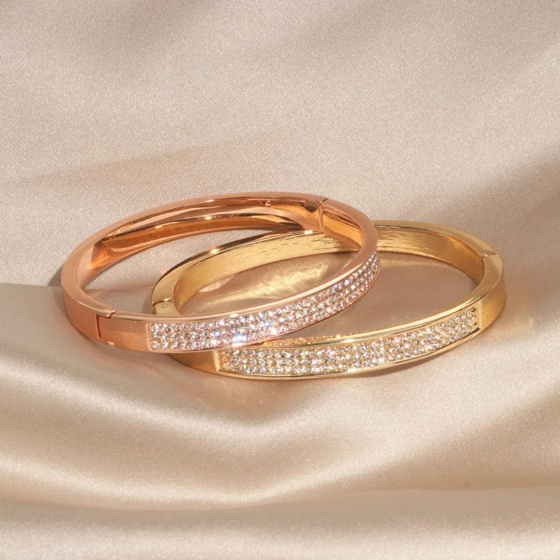 Elegant Classic Crystal Cuff Bangles Bracelets For Women Gold Color Simple Femal Opening Bangles Wedding Jewelry Accessories