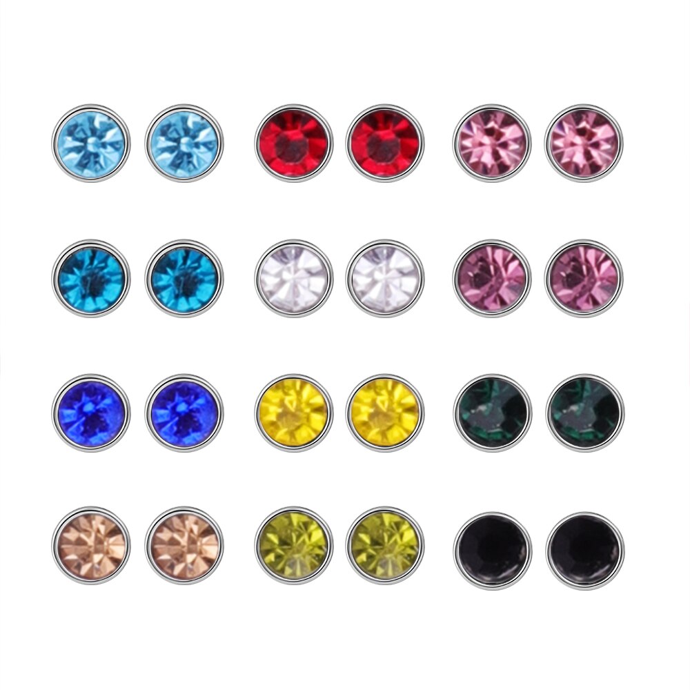 12 pairs of birthstone colored crystal earrings in sizes 3mm, 4mm, and 5mm are made of 316L stainless steel.