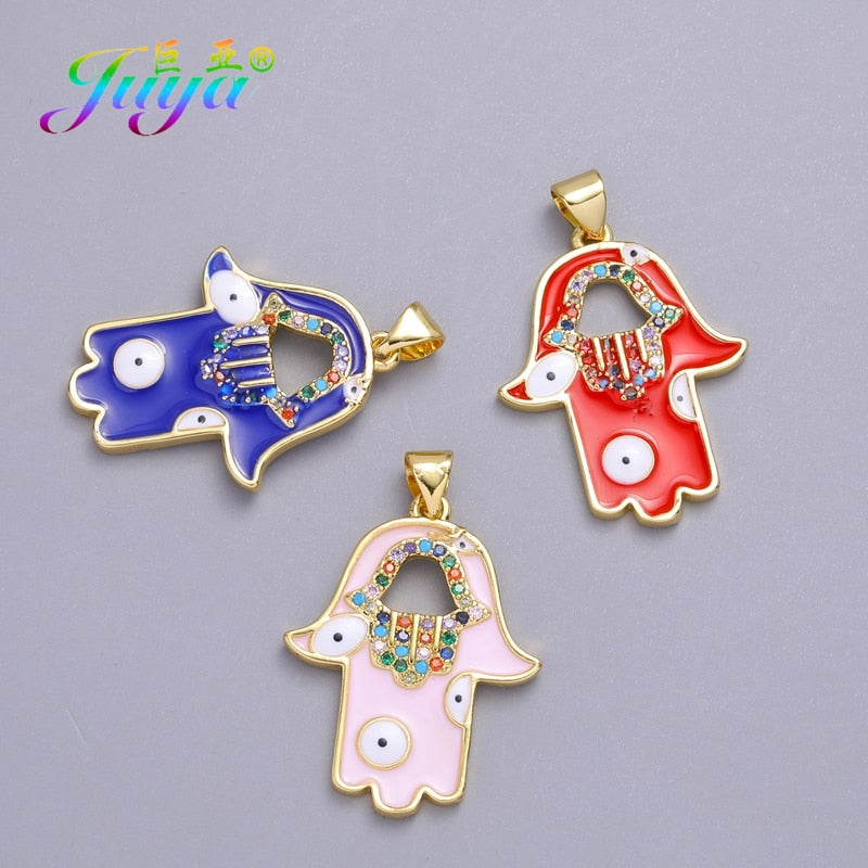 Juya DIY Luxury Multicolor Cubic Zirconia Enamel Greek Evil Eye Charms For Handmade Women Fashion Pendant Turkish Jewelry Making