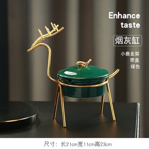 European Ceramic Dark Green Metal Ashtray Creative Luxury Room Coffee Table Anti Fly Ash Portable Ashtray Gift for Boyfriend New