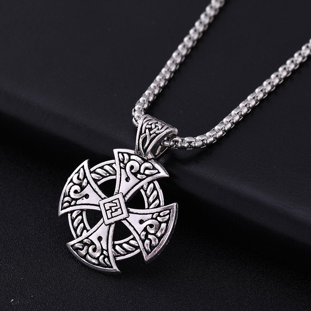 My Shape Cross Viking Shield Pendant Necklace Jewelry Tibetan Silvery Solar Cross Knot Religious Christian Irish Druid Leather