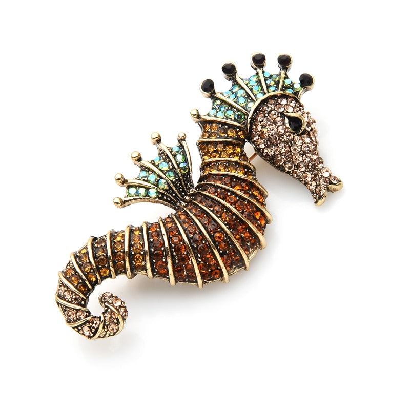 Wuli&amp;baby Sparkling Rhinestone Seahorse Brooches 3-color Sea Animal Office Casual Brooch Pins Gifts