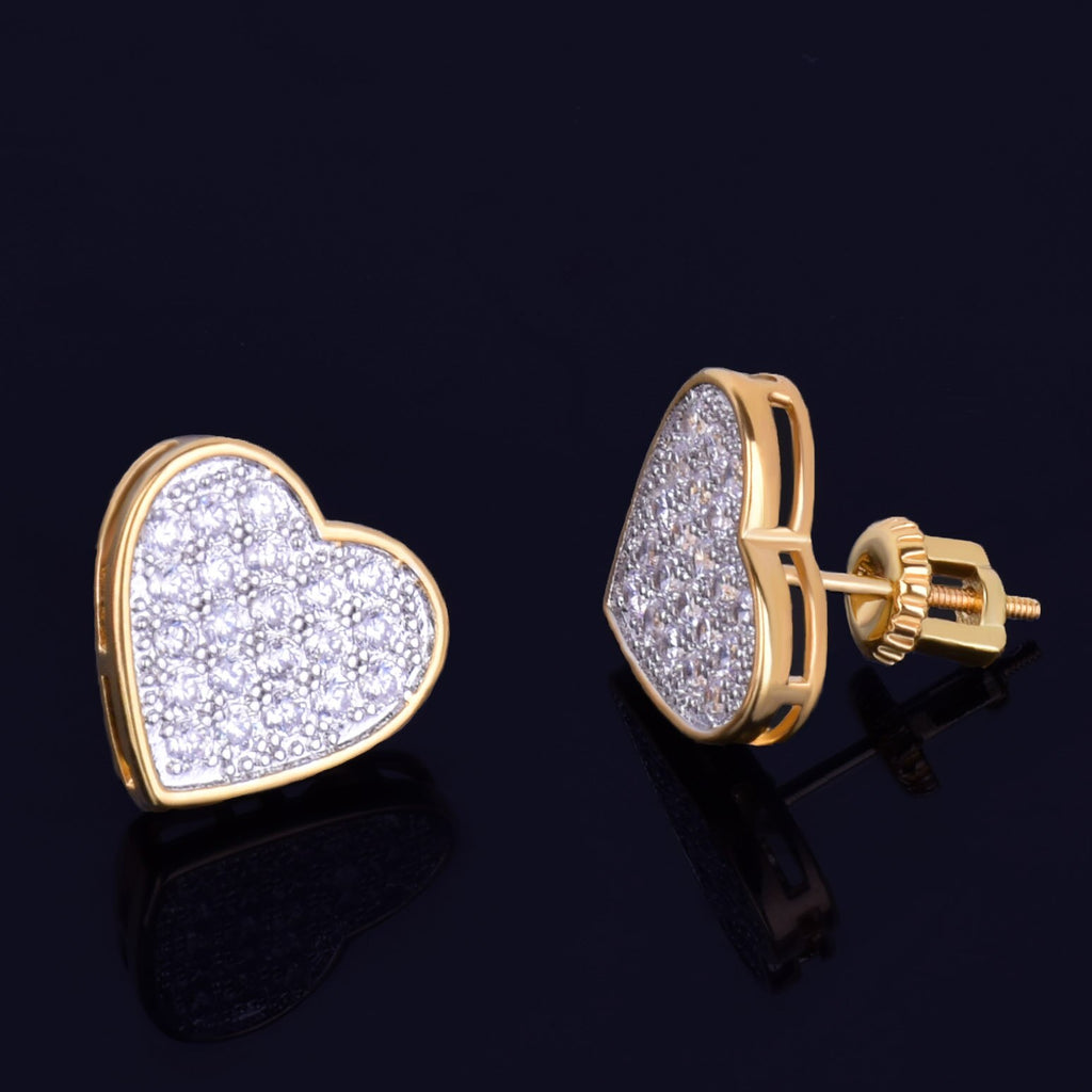 14MM Width Heart-shaped Gold Color Stud Earring For Men Women Full Cubic Zircon Screw Back Earrings Fashion Hip Hop Jewelry Gift