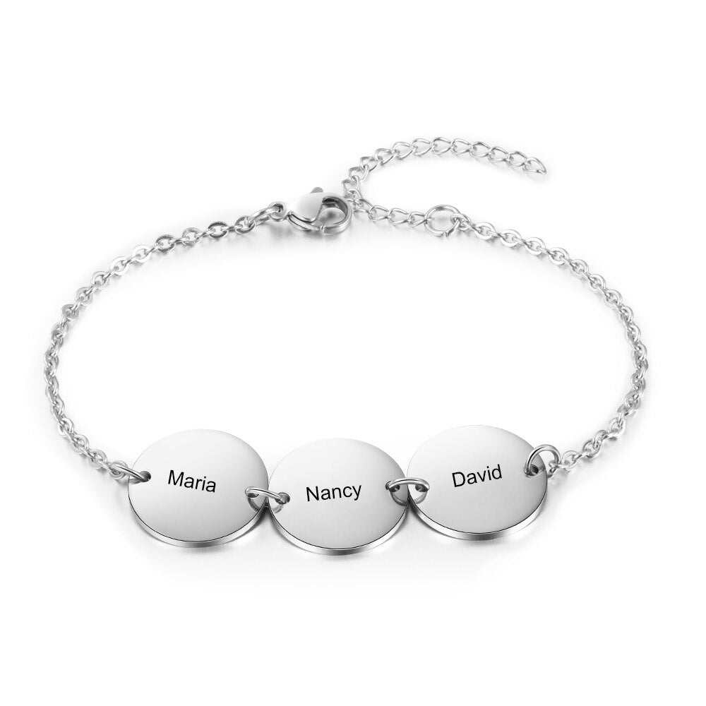JewelOra Personalized Stainless Steel Round Discs Engraved Bracelets for Women Customized 3 Names Friendship Bracelets &amp; Bangles